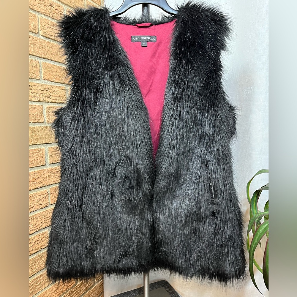 Via Spiga Vintage Faux Fur Vest Black Burgundy Satin Lined 2001 Size M